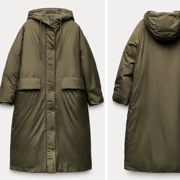 Zara Oversized Long Coat Puffer Green Olive Water Repellent Size M Padded Hooded - Picture 1 of 7